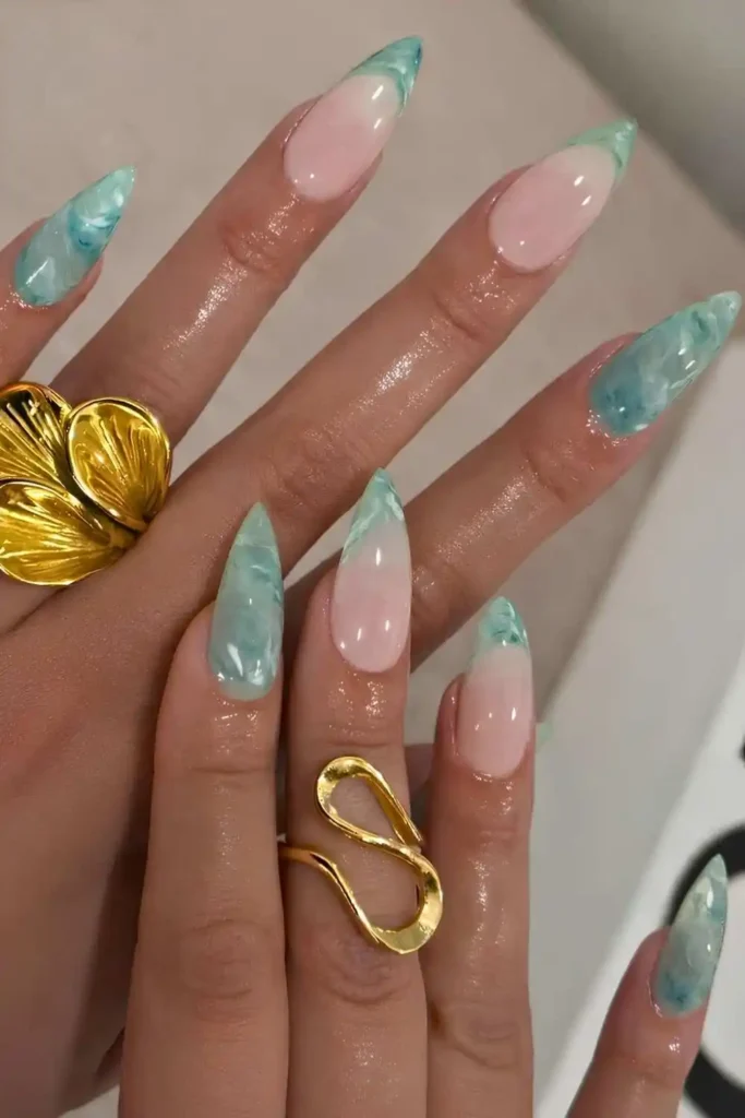 Jade Marble Nails With Accent French Tips for a Sophisticated Finish