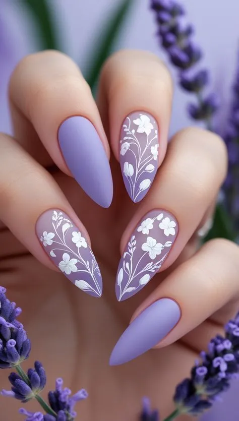 Lavender Floral Nails With Delicate White Botanical Art That Feels Soft and Feminine