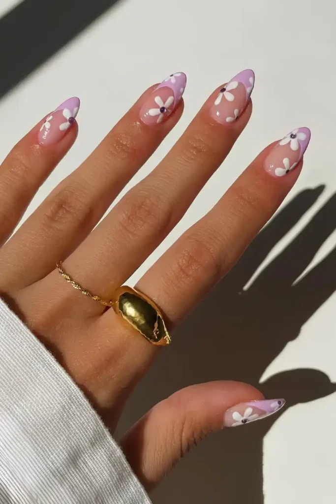 Lavender French Nails With White Daisies That Feel Fresh and Feminine