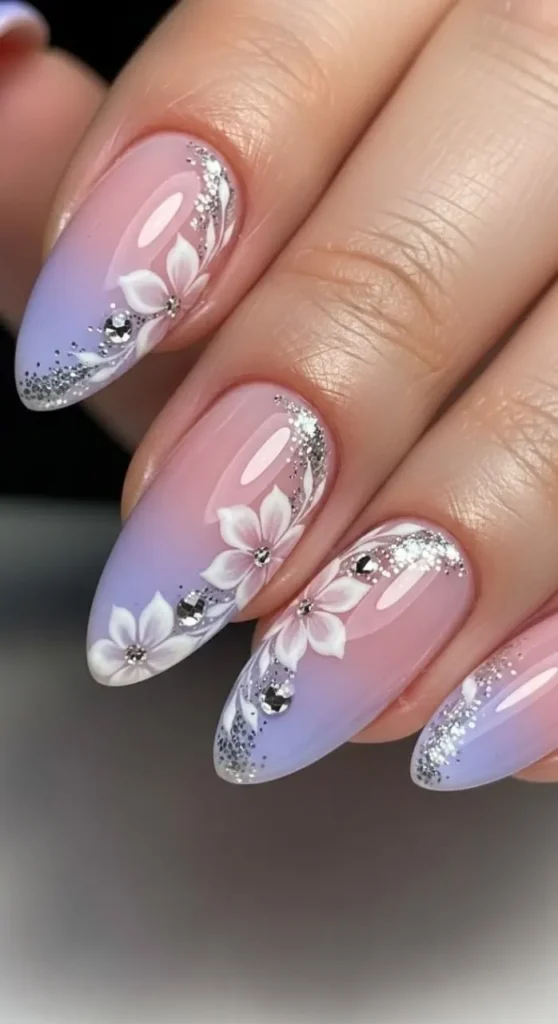 Lavender Ombre Floral Nails With Silver Glitter and Rhinestones