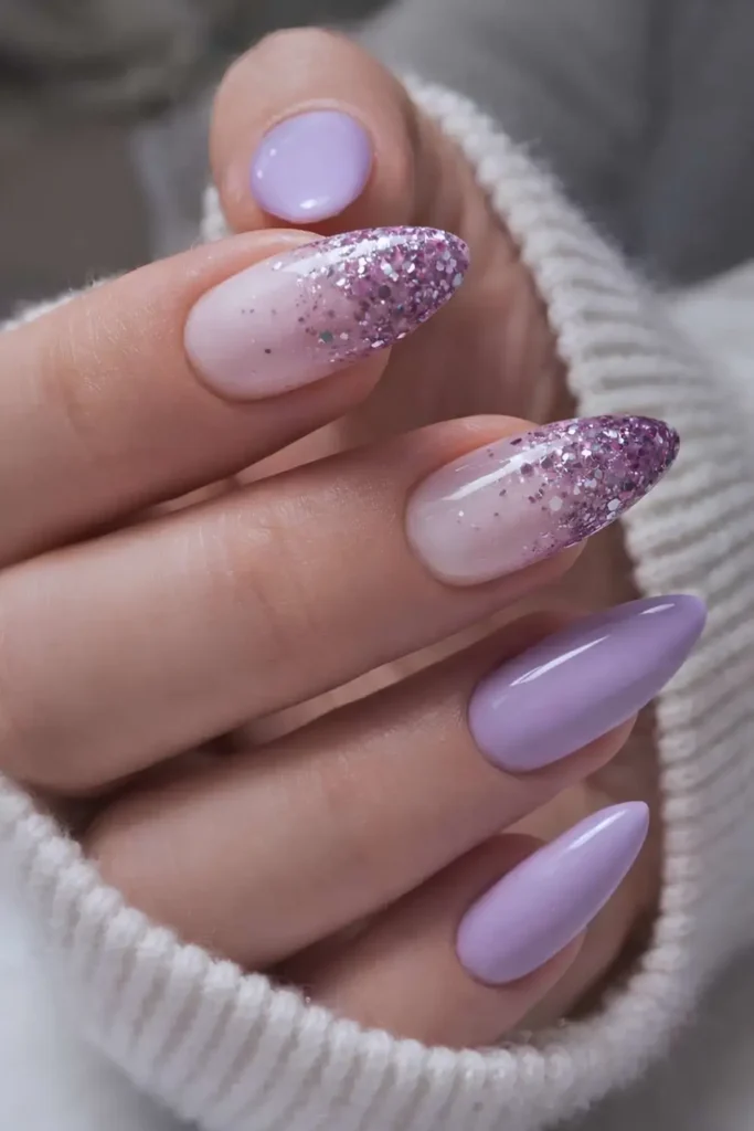 Lavender Nails With Accent Glitter for a Soft Glam Style