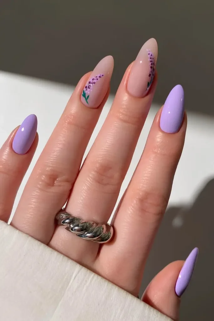 Lavender Nails With Floral Art