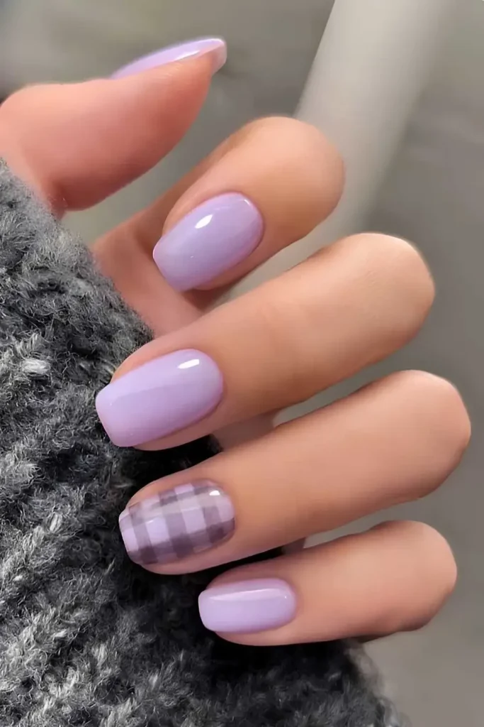 Lavender Nails With Gray Plaid Accent for a Cozy Look