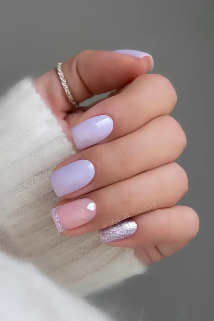Lavender Nails With Hearts and Glitter
