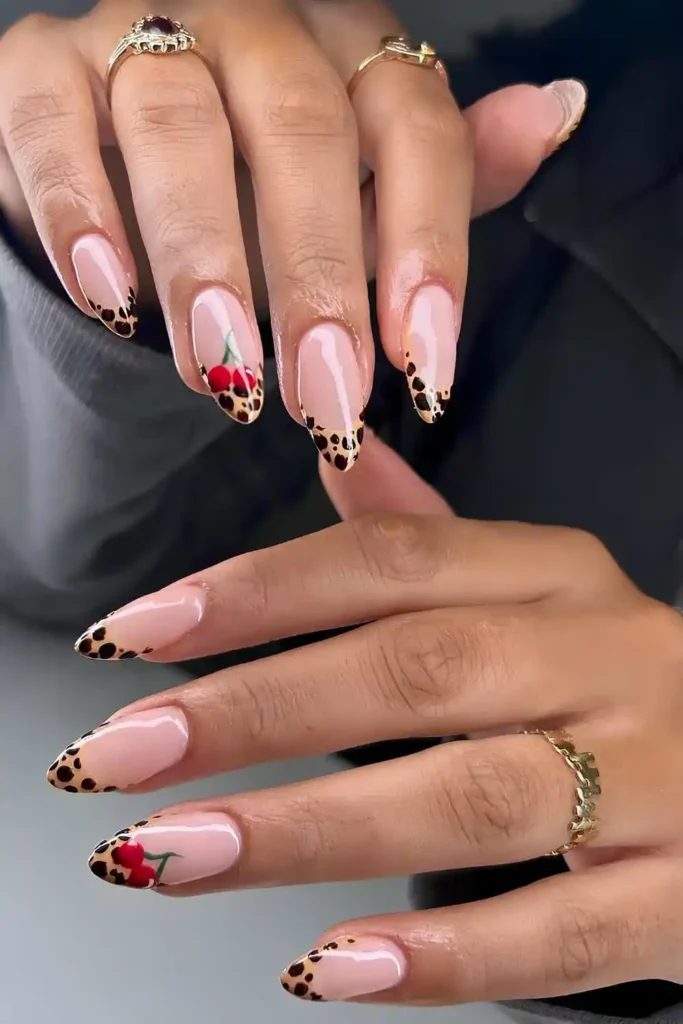 Leopard French Manicure With Cherry Art That Stands Out Beautifully