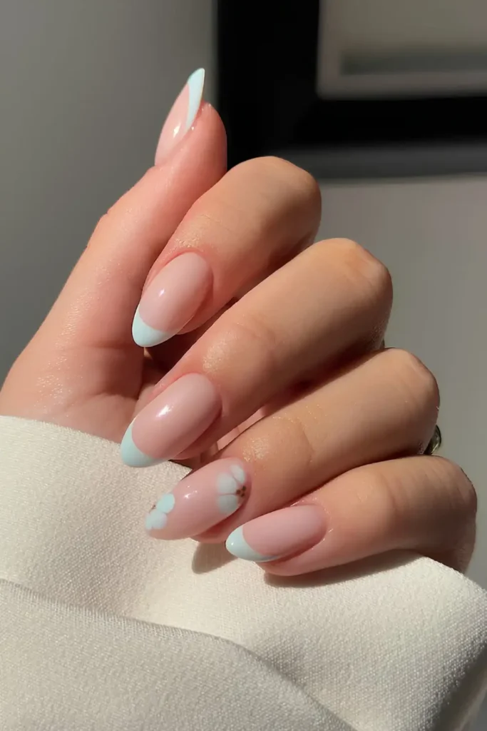 Light Blue French Mani With Blooming Gel Flowers You'll Love