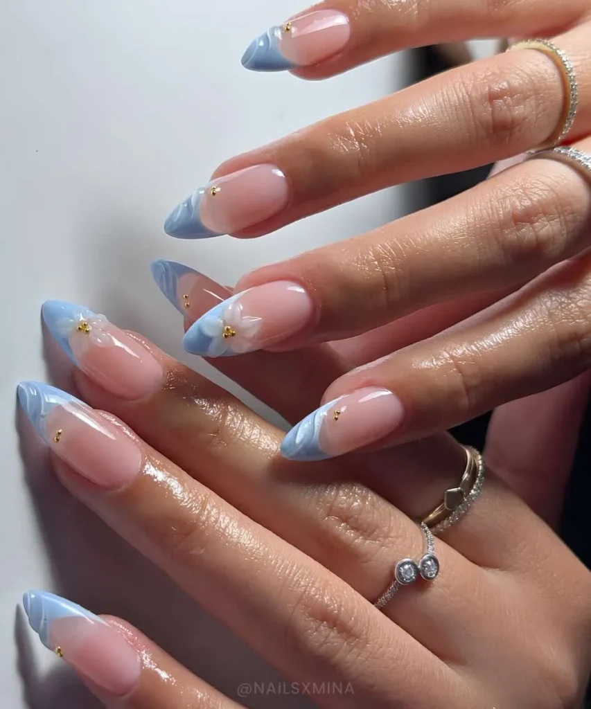 Light Blue French Mani With Sculpted Flowers That Looks Elegant
