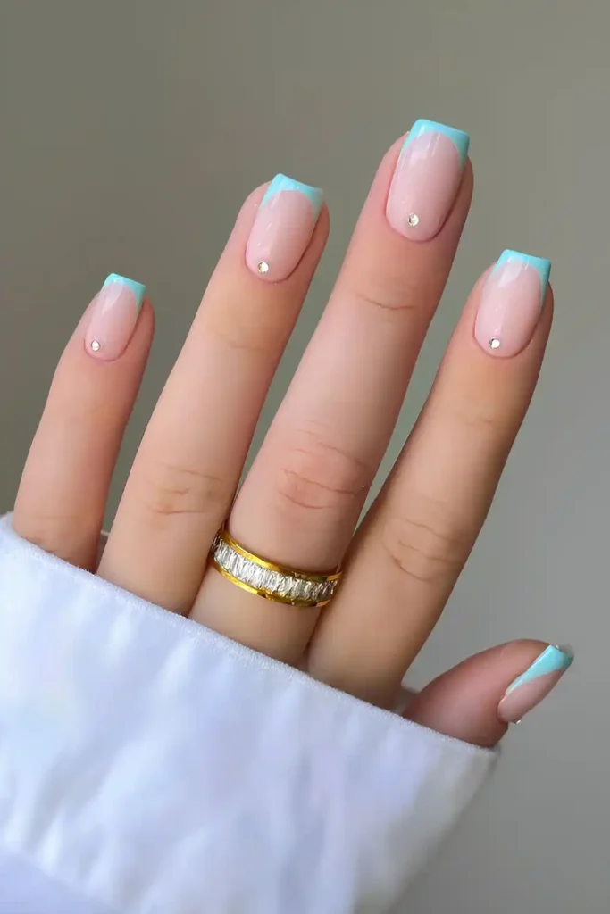 Light Blue Frenchies With Gem Accents for an Elegant Glam Look