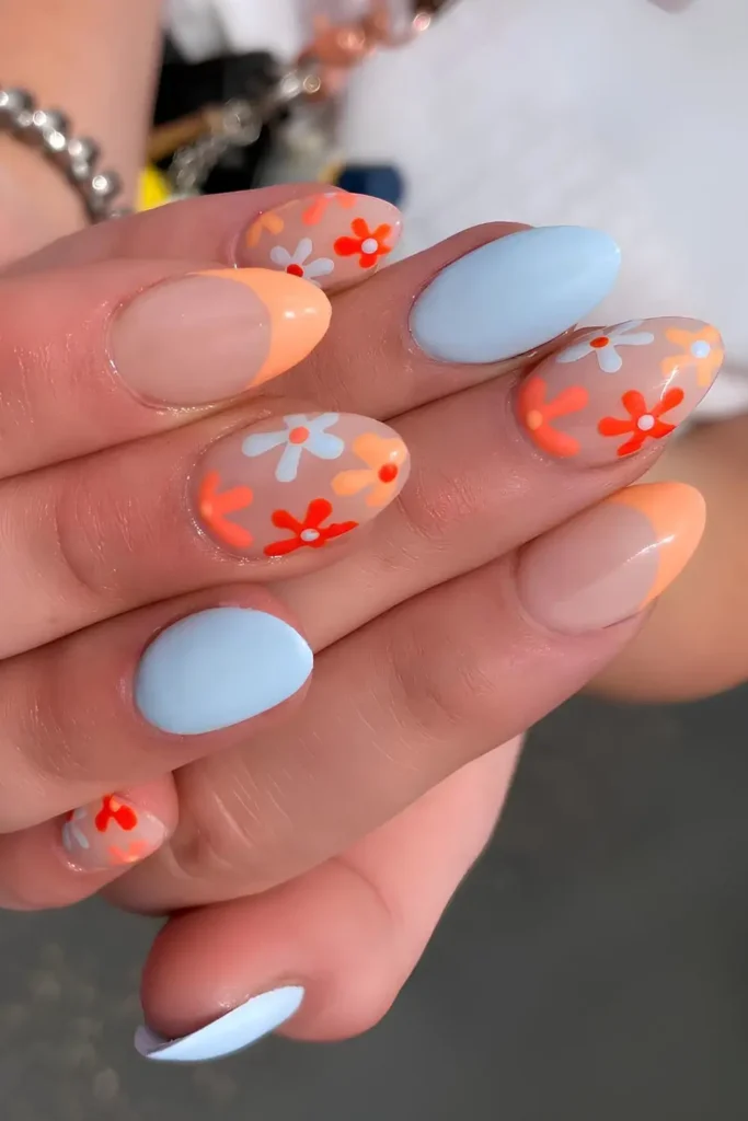 Light Blue and Orange Floral Nails for a Fresh Summer Vibe