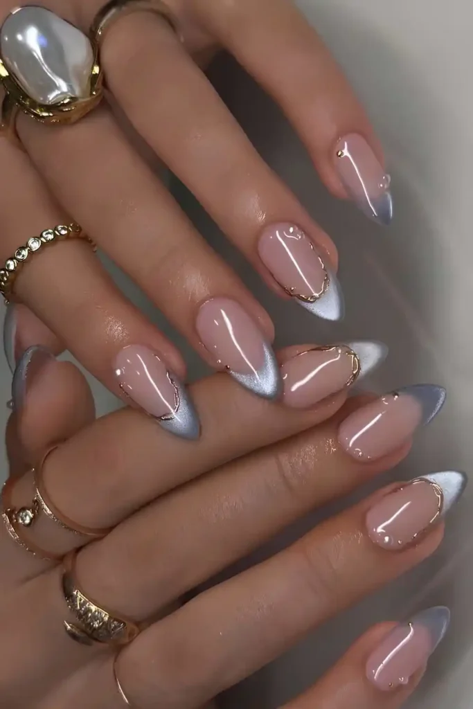 Light Blue Cat Eye French Nails With a Stunning Magnetic Effect