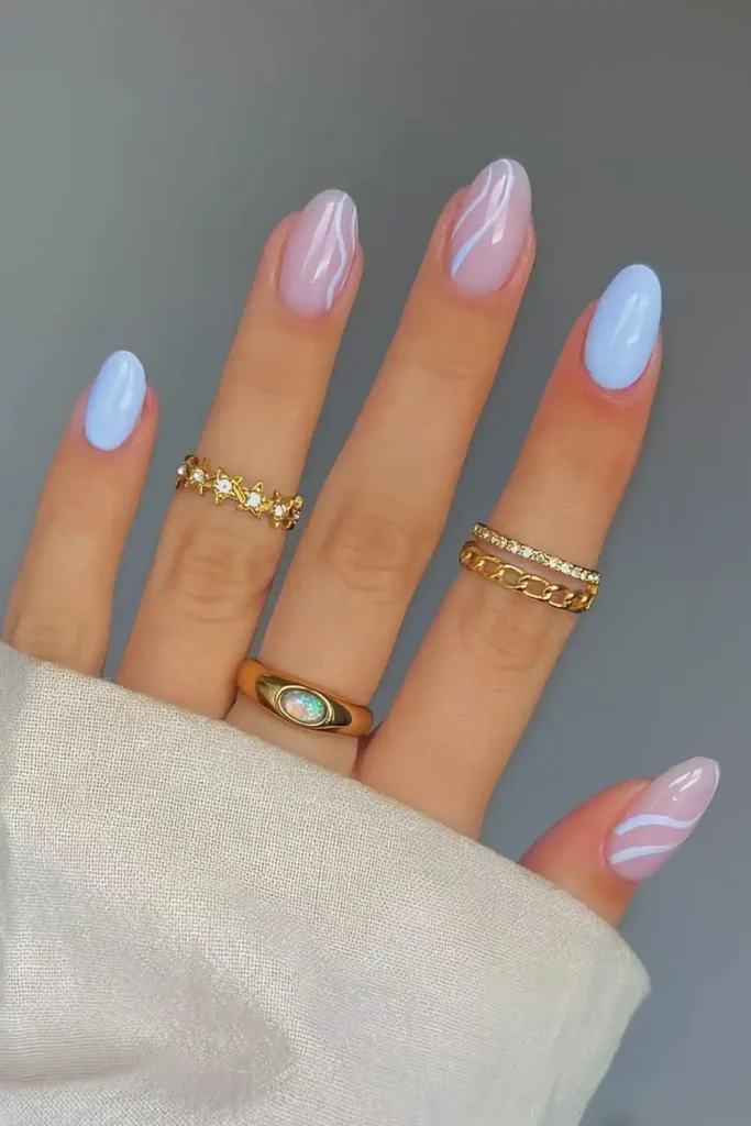 Light Blue Mani With Accent Line Art That Looks Effortlessly Chic