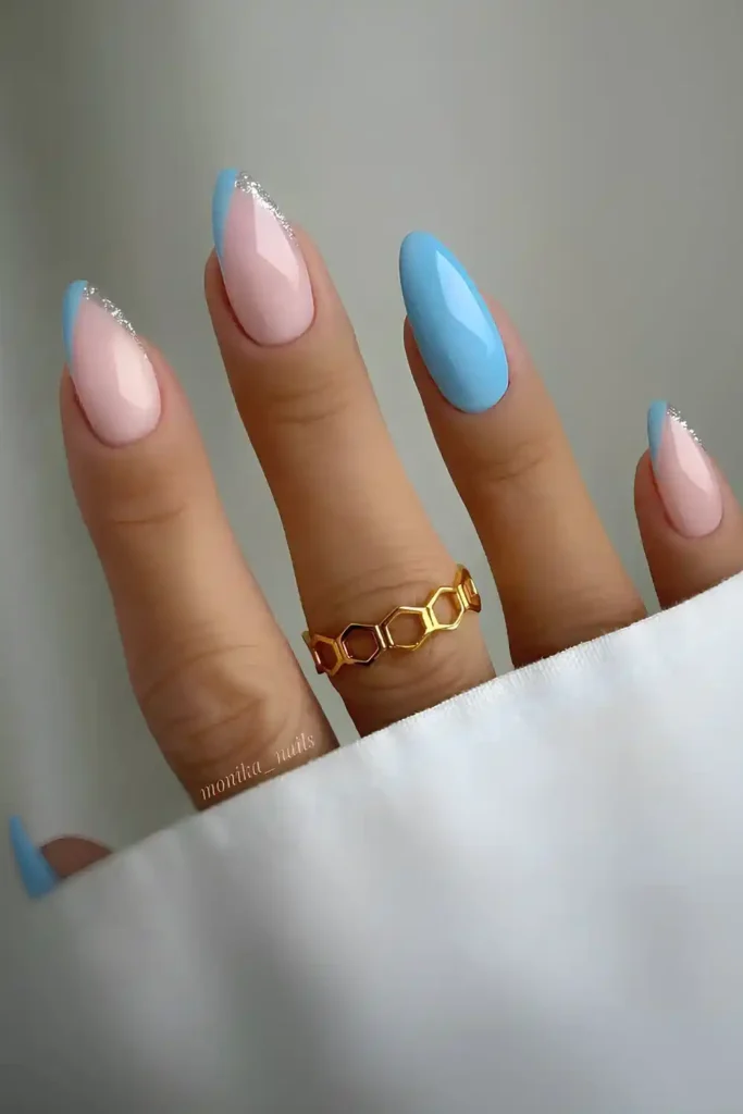 Light Blue Mani With Pointed French Tip Accents for a Chic Modern Style