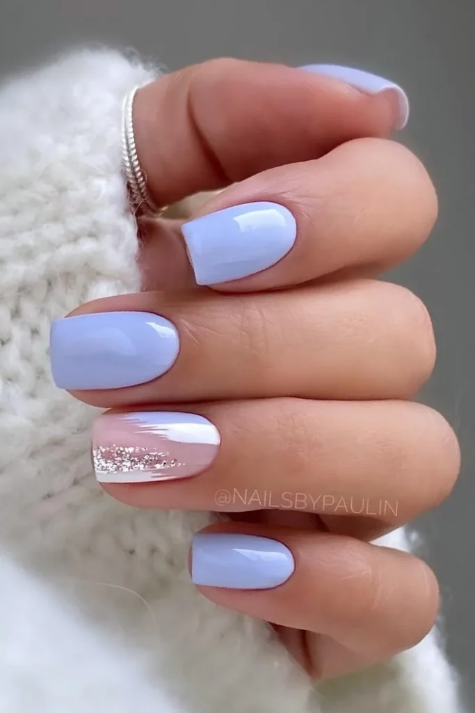 Light Blue Nails With White Nail Glitter Brush Stroke Art That Sparkles