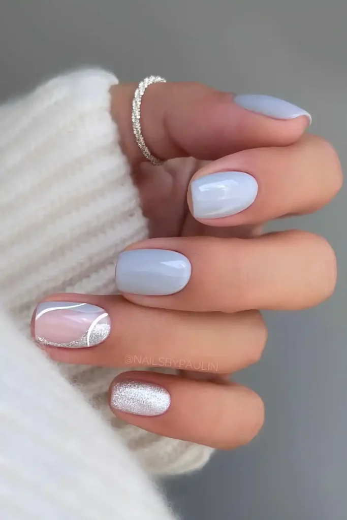 Light Gray Mani With Glitter for an Elegant Sparkling Look