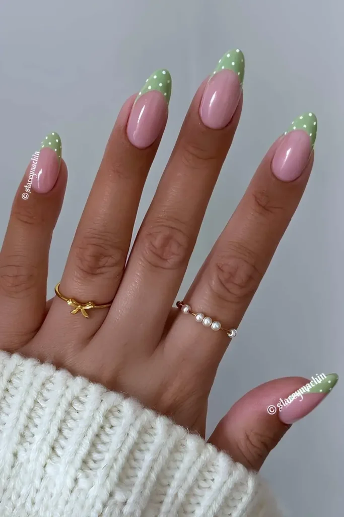 Light Green French Mani With Polka Dots for a Cute Playful Style