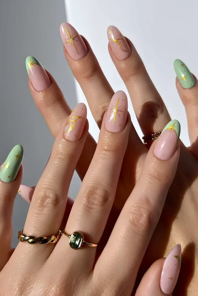Light Green Nails With Gold Celestial Art That Looks Magical