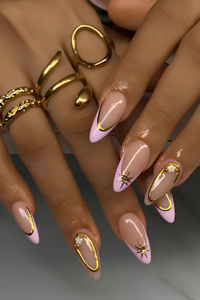 Light Pink French Nails With Gold Chrome Details That Feel Luxurious