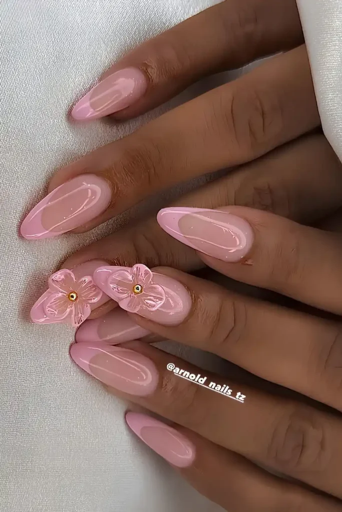 Light Pink French Nails With Textured Florals for an Elegant Finish