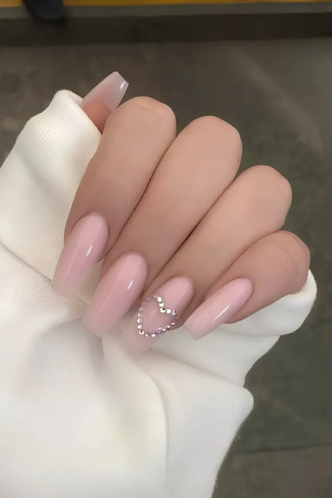 Light Pink Mani With Rhinestone Hearts