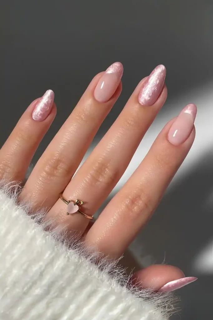 Light Pink Nails With Pearl Swirl Finish for an Elegant Touch