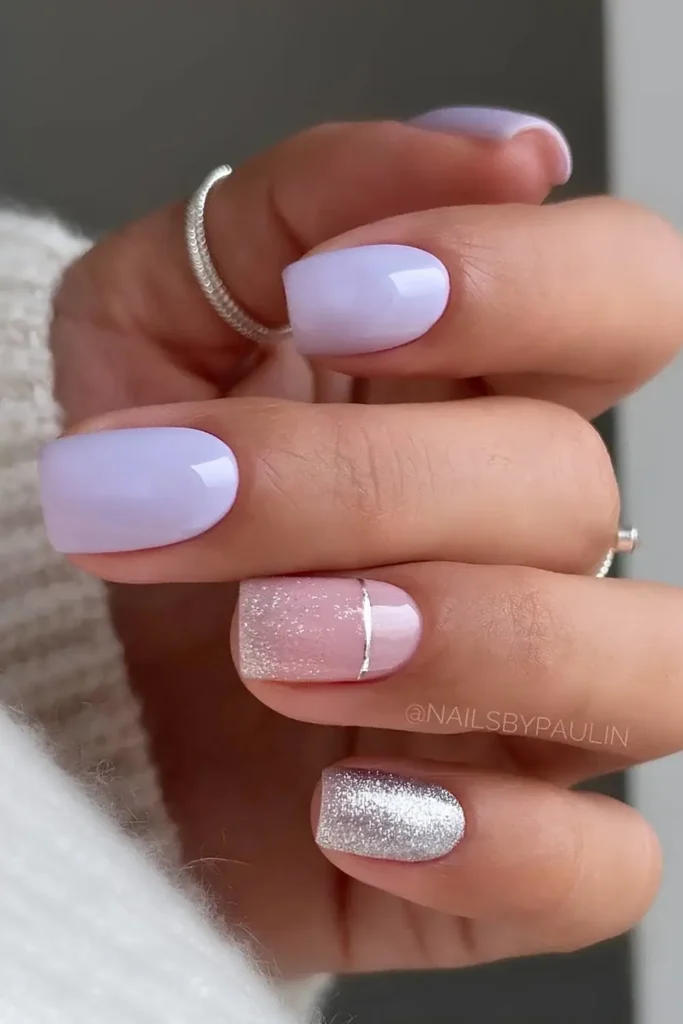 Light Purple Nails With Silver Glitter for a Glam Finish