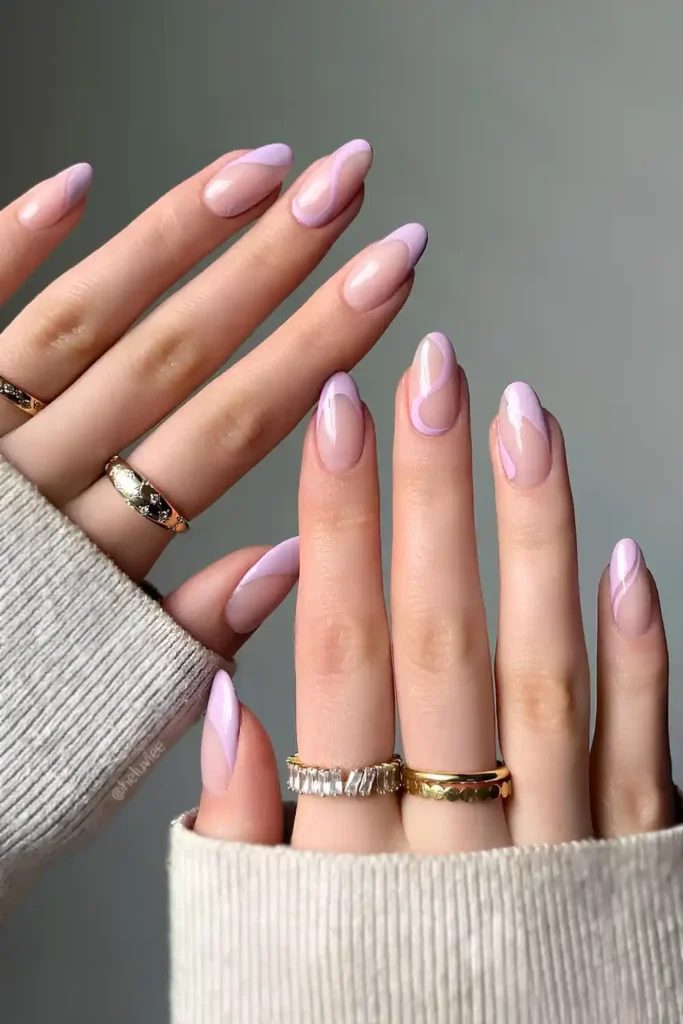 Lilac French Nails With Swirl Accents for a Soft Elegant Style