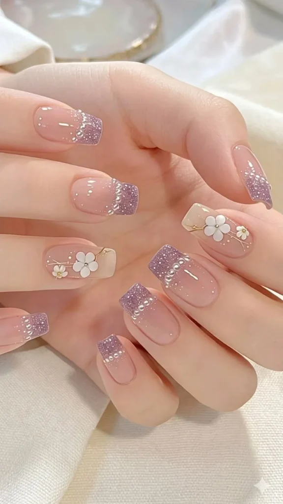 Lilac Glitter Nails With Pearls and 3D Floral Accents