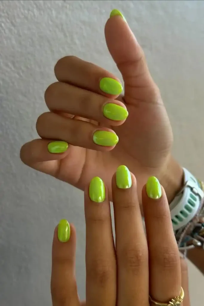 Lime Green Chrome Nails That Shine Beautifully
