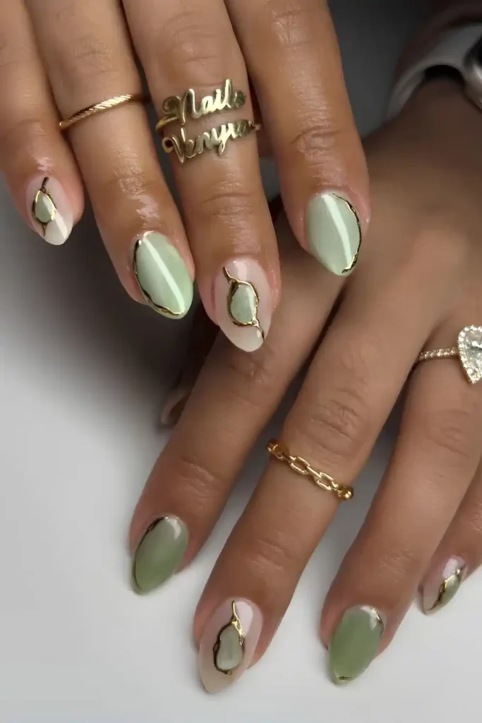 Matcha Green Cat Eye Nails With Gold Details for an Elegant Look