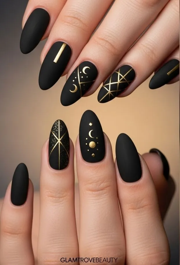 Matte Black Celestial Nails With Gold Moon and Line Art That Look Magical