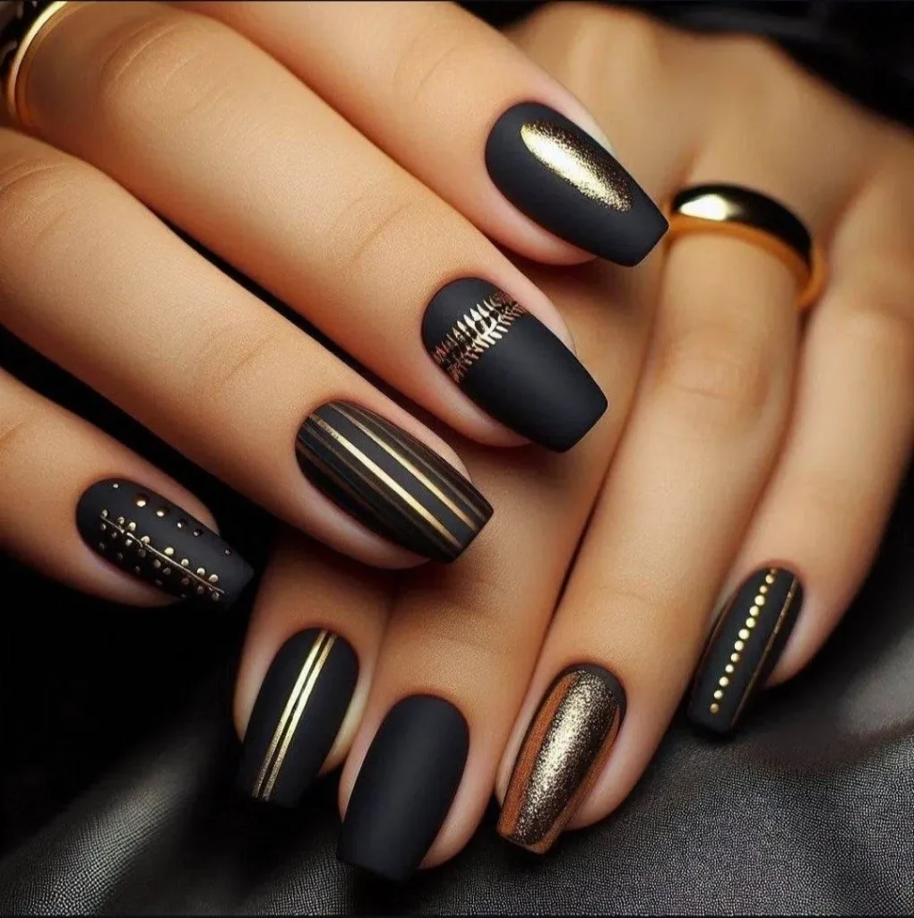 Matte Black Nails With Gold Stripe and Stud Accents That Feel Luxurious