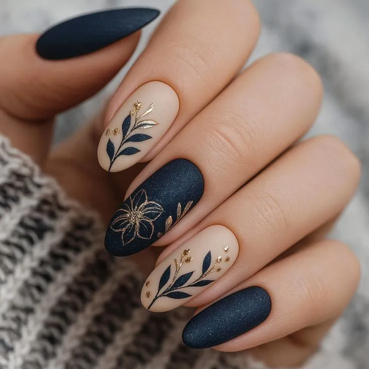 Matte Navy Blue Floral Nails With Gold Leaf Details That Feel Luxurious