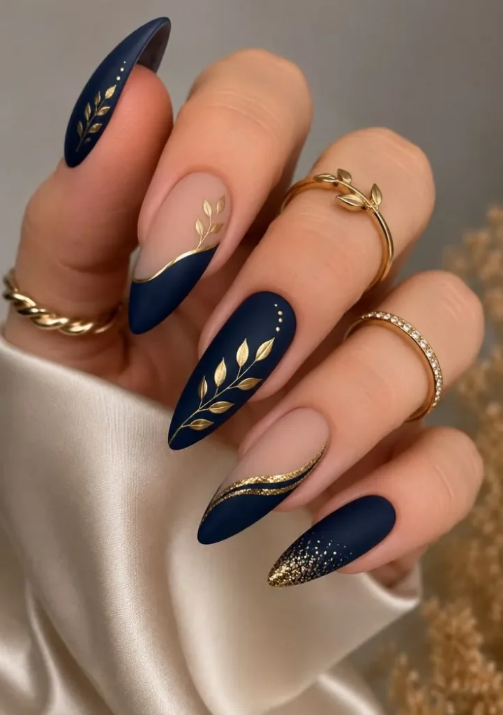 Matte Navy Blue Nails With Gold Leaf Botanical Accents