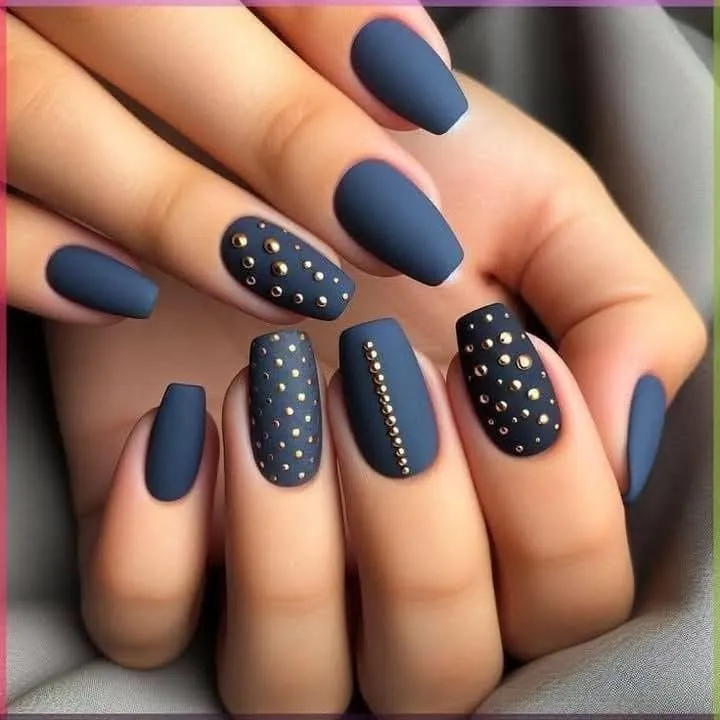 Matte Navy Blue Nails With Gold Stud Embellished Design That Stands Out