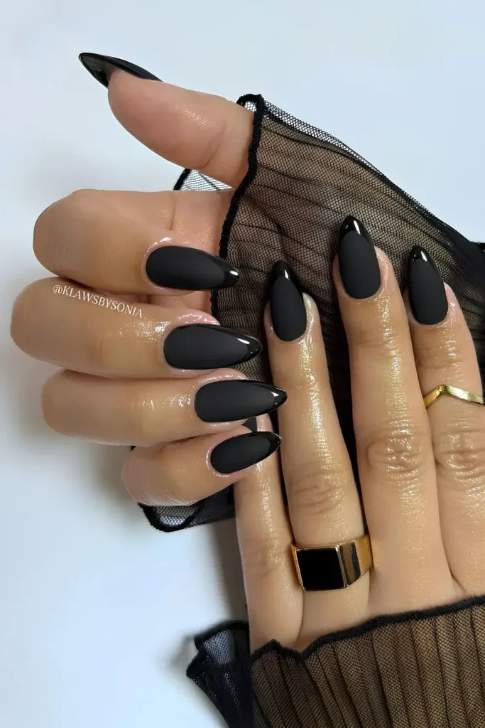 Matte Black Nails With Glossy French Tips for a Chic Look