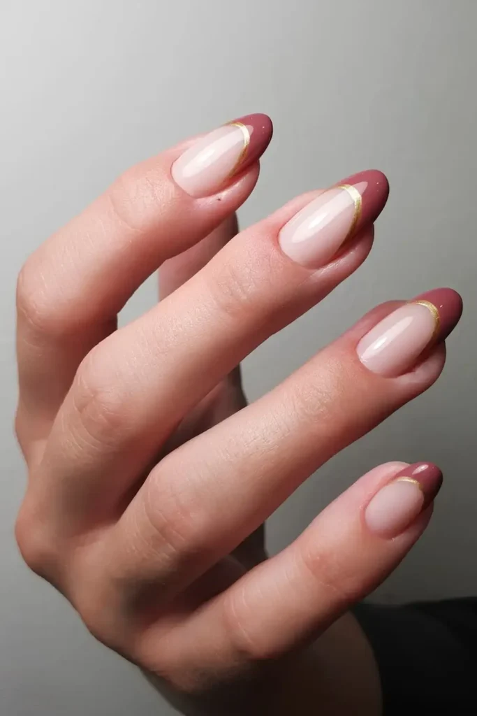 Mauve French Mani With Gold Outline That Feels Luxurious