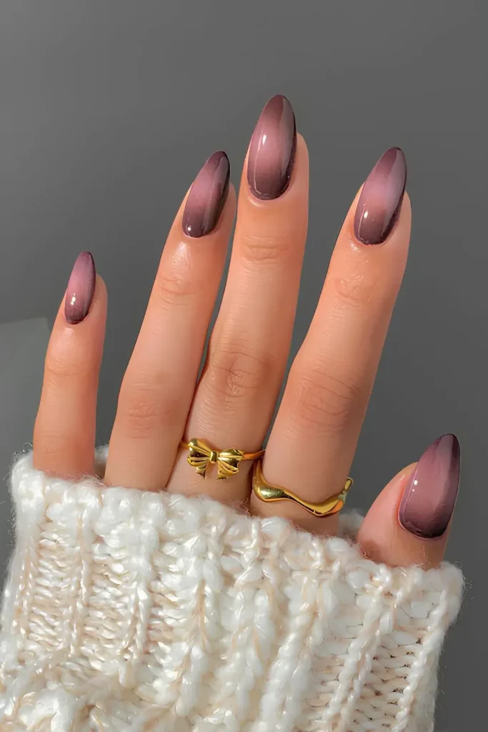 Mauve and Brown Aura Nails With a Soft Glowing Finish