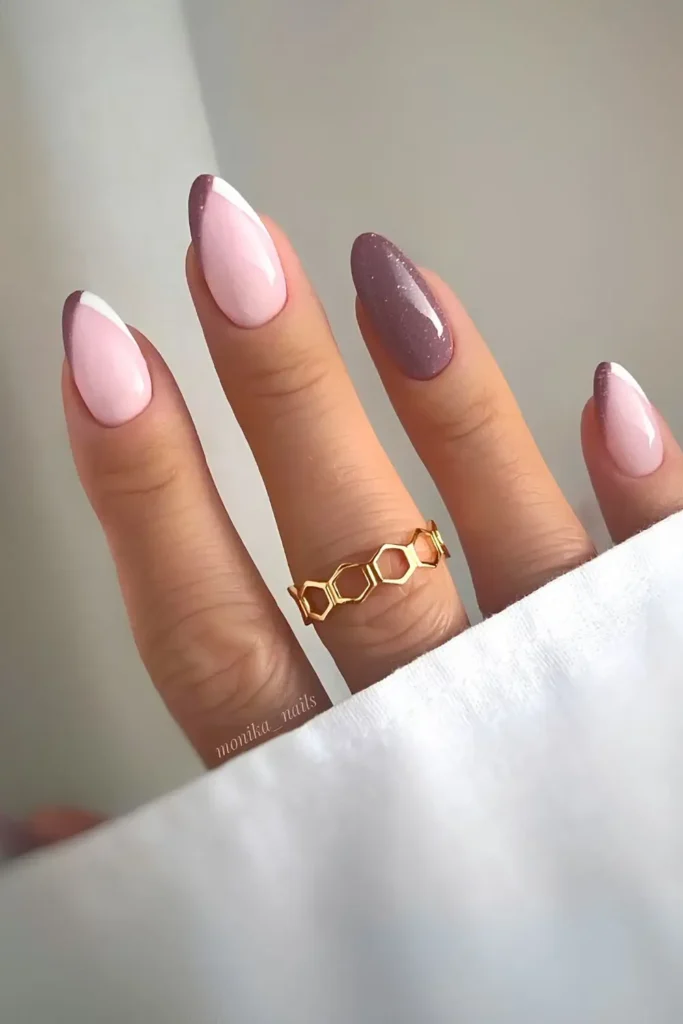 Mauve and White Pointed French Nails That Make a Bold Statement