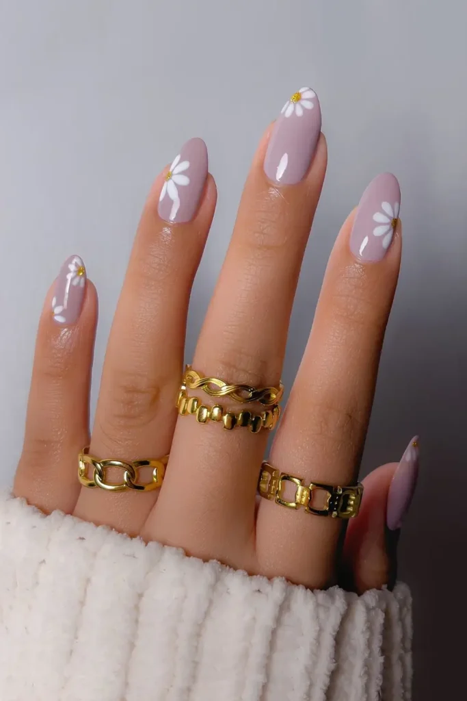 Mauve Nails With Daisies for a Sweet Floral Touch