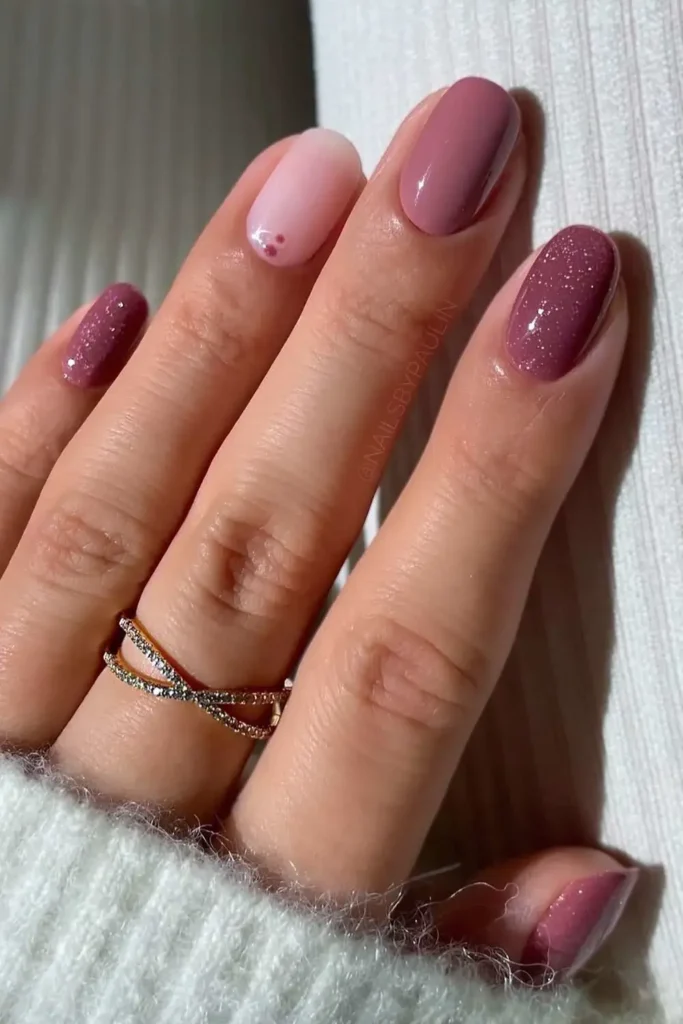 Mauve Nails With Glitter and Dot Art for a Chic Style