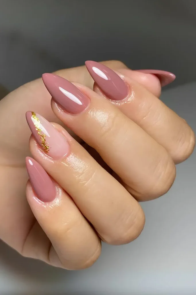 Mauve Nails With Gold Foil Accent for a Luxe Elegant Finish