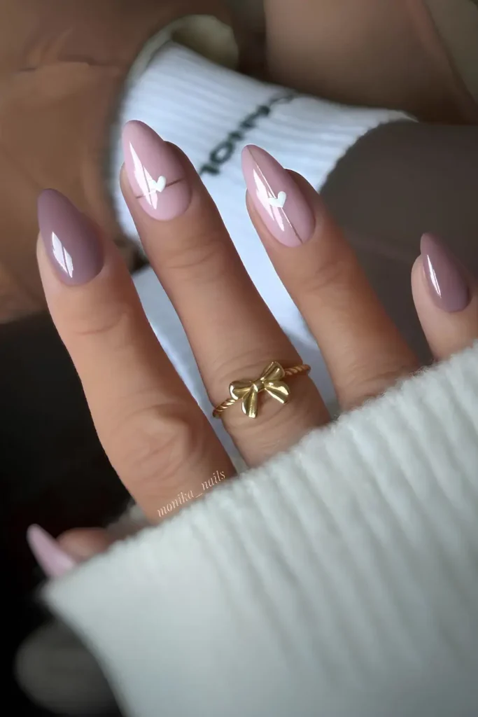 Mauve Nails With Heart Art for a Romantic Touch