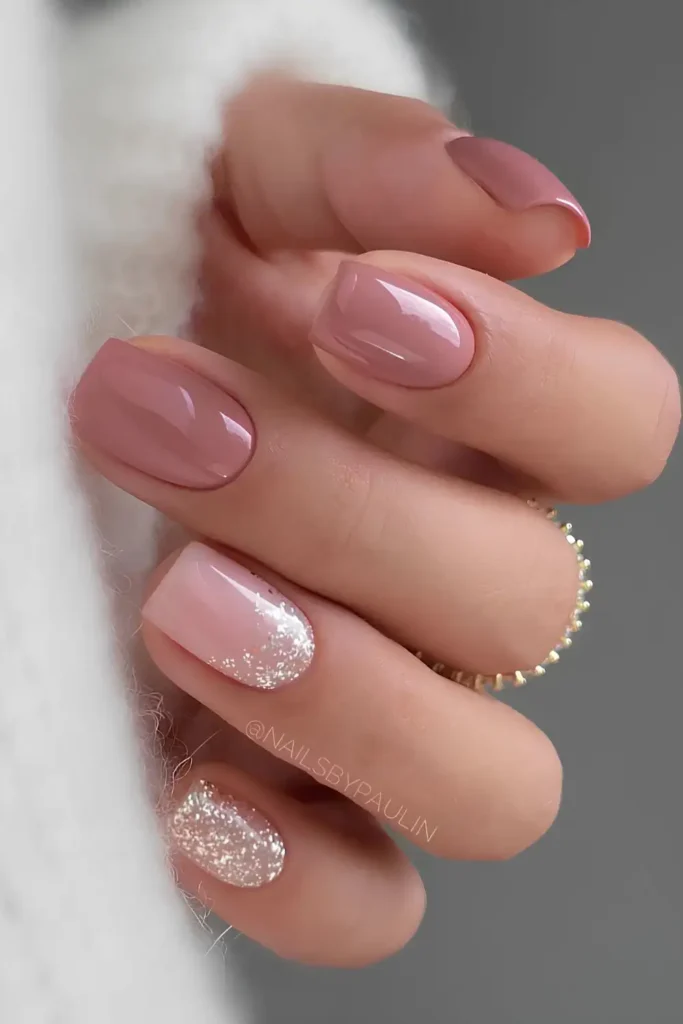 Mauve Pink Nails With Glitter Accent That Sparkles Beautifully