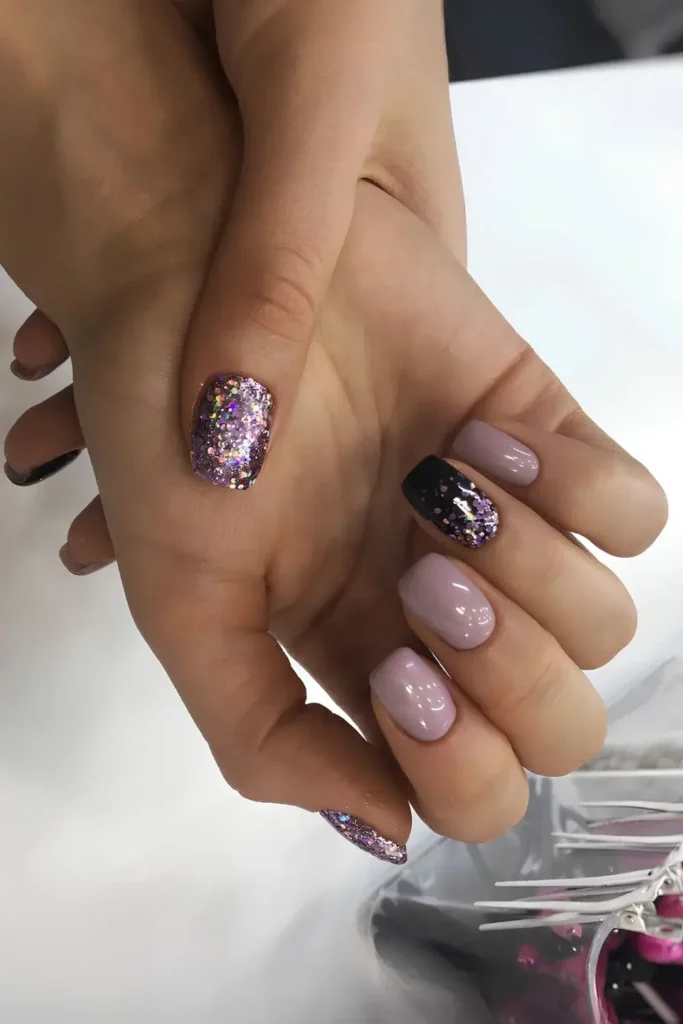 Mauve Purple Nails With Chunky Glitter That Sparkle Beautifully