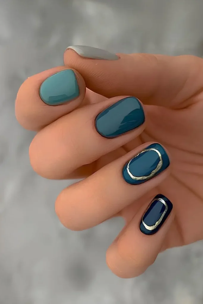 Midnight Green Nails With Silver Chrome Details That Shine Beautifully