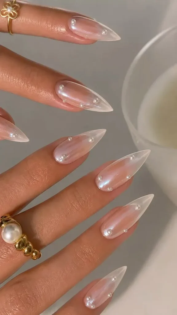 Milky Pearl Chrome Nails With Delicate Pearl Embellished Accents