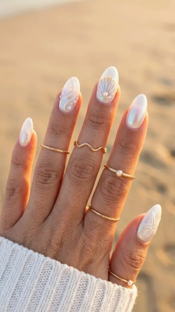 Milky White Pearl Nails With 3D Seashell Inspired Art