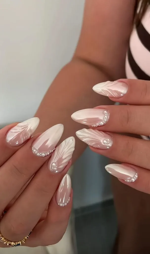 Milky White Pearl Nails With 3D Shell Art Design