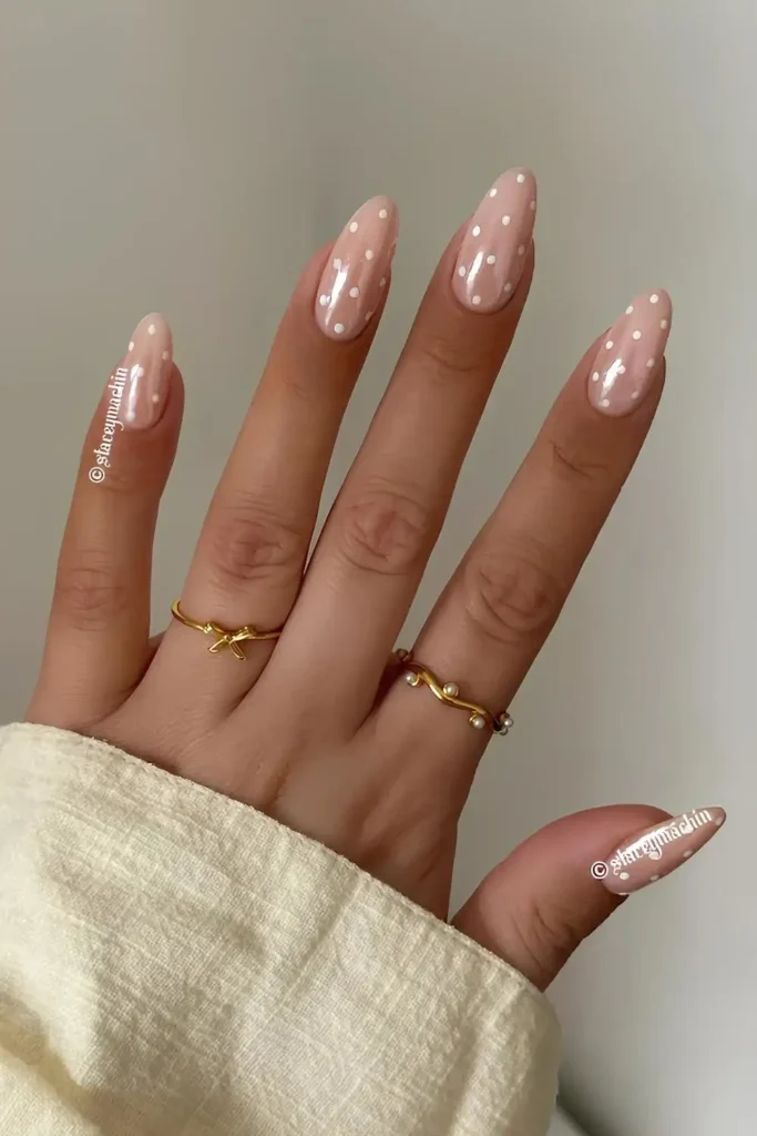 Milky Chrome Nails With Polka Dot Art for a Chic Style