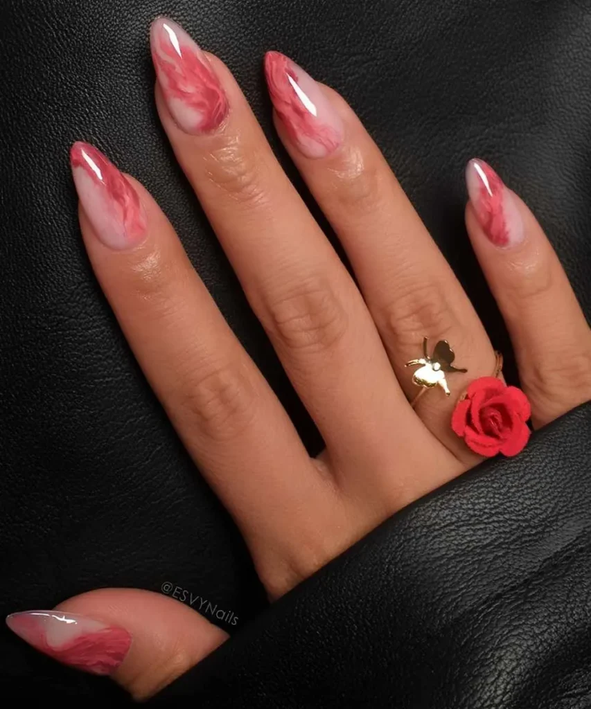 Milky Mani With Accent Red Marble for a Chic Style